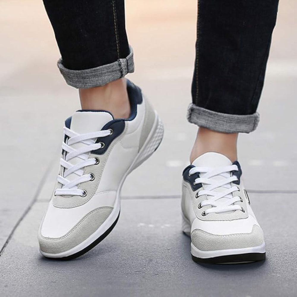 Men's casual lace-up trainers in faux leather with a contrast heel