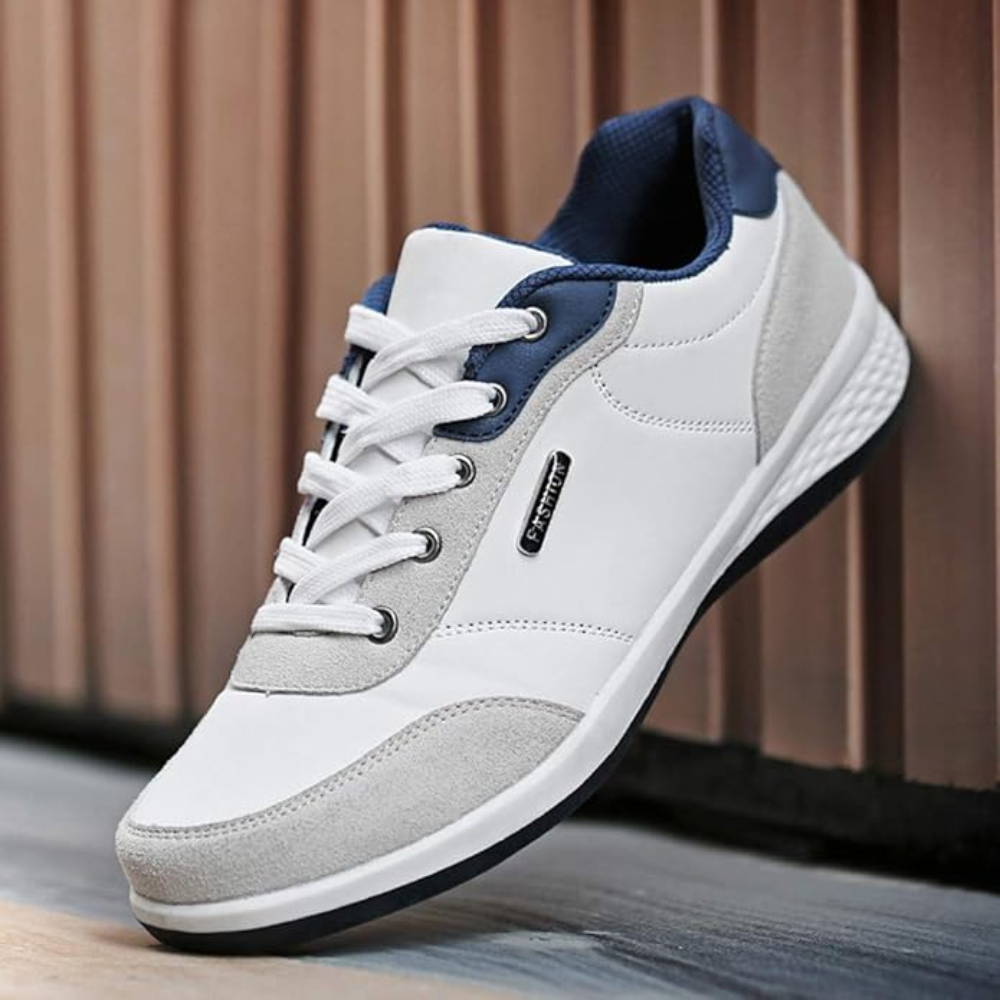 Men's casual lace-up trainers in faux leather with a contrast heel