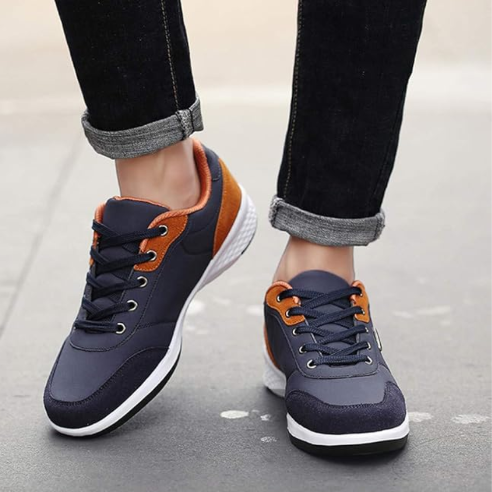 Men's casual lace-up trainers in faux leather with a contrast heel