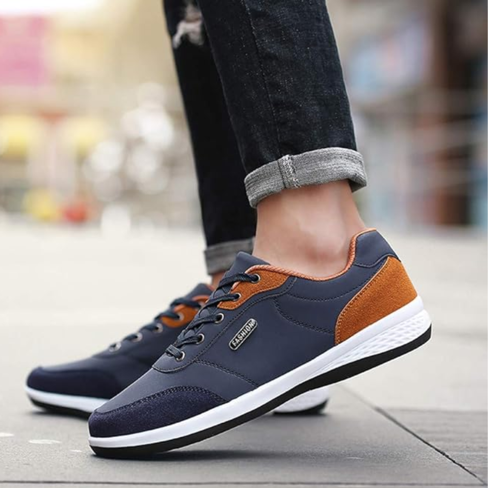 Men's casual lace-up trainers in faux leather with a contrast heel