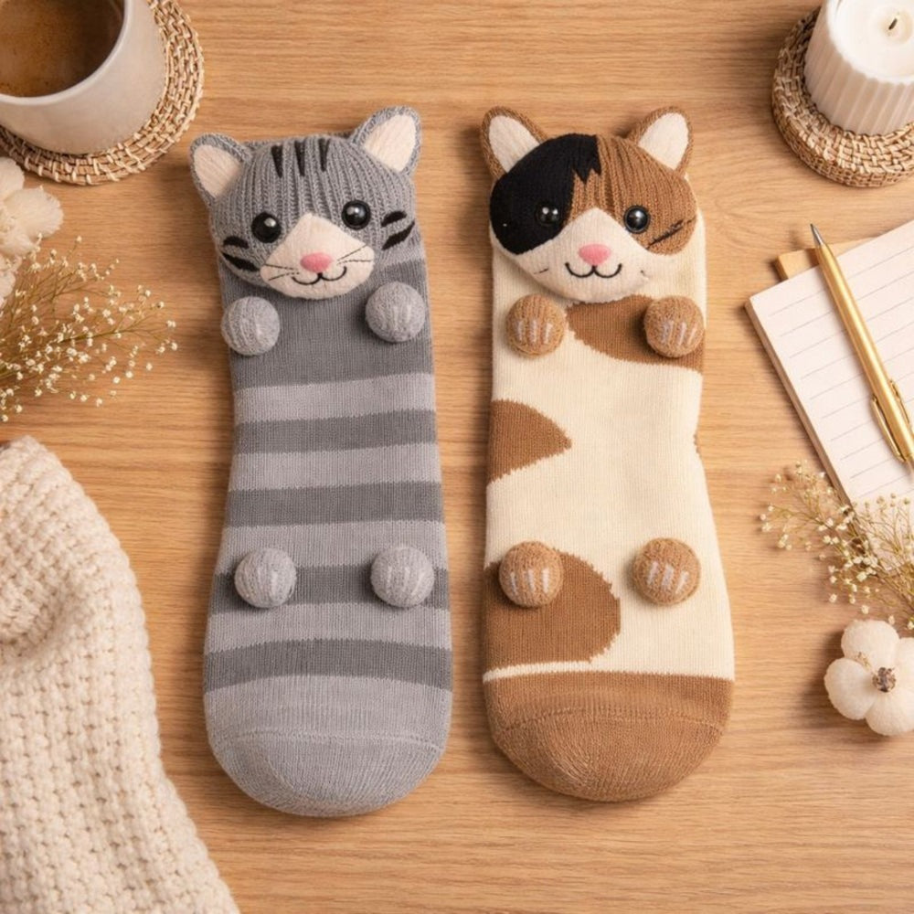 Socks with a knitted 3D animal head with ears and little paws on the foot