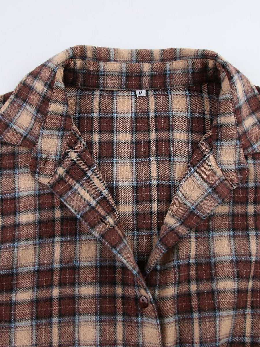 Oversized brown check shacket with a contrast collar and chest pockets