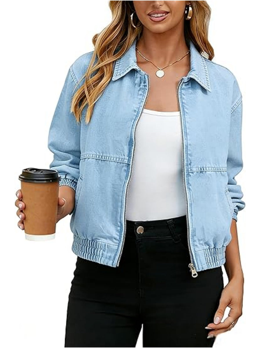 Denim bomber jacket with a zip front and elasticated hem in light wash