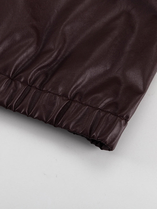 Chocolate brown faux leather jacket with a wide lapel collar and zip