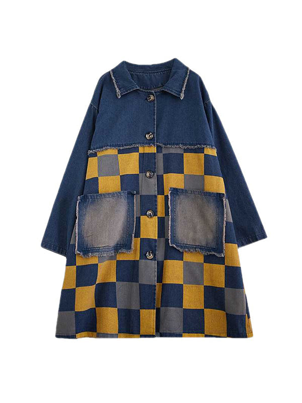 Longline denim jacket with a yellow and navy checkerboard panel