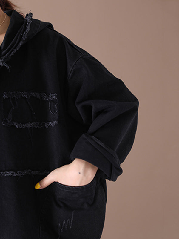 Oversized hooded jacket in washed cotton with frayed seams