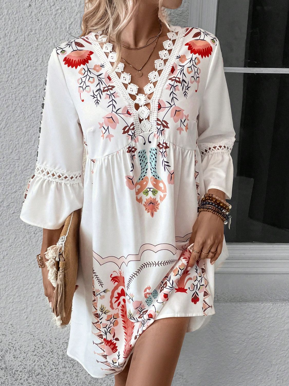 Women's embroidery-look print dress in Deep Red