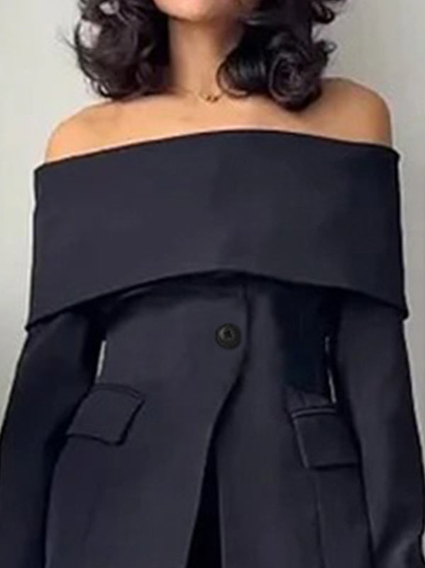 Black off-shoulder blazer with a wide fold-over bardot neckline