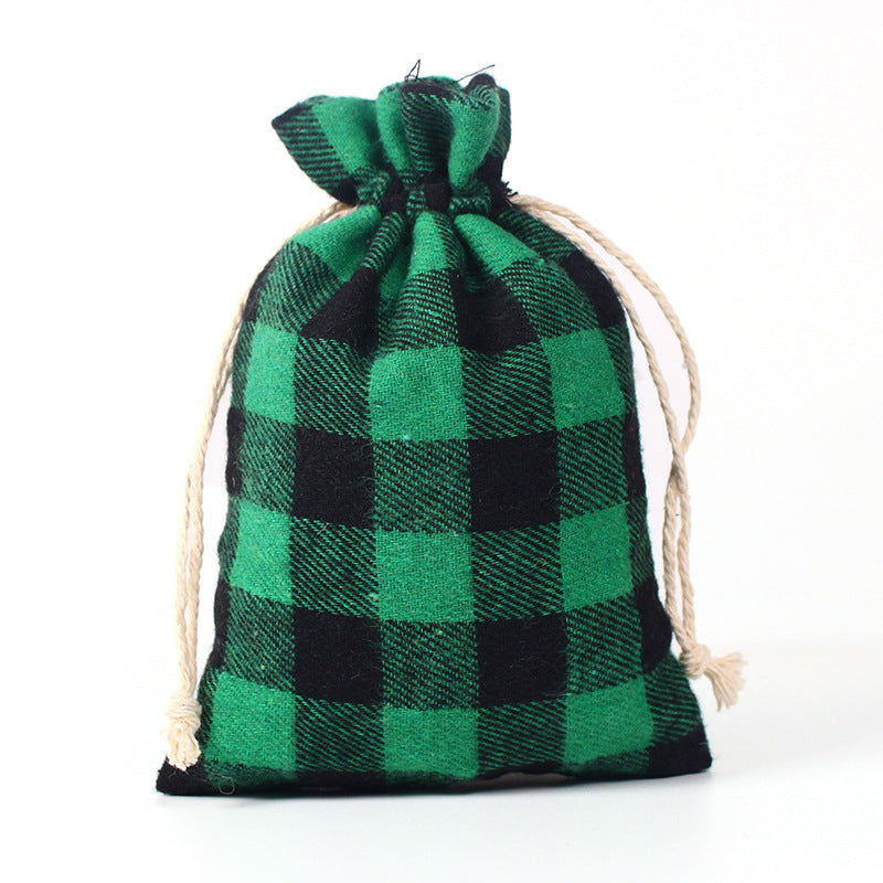 Check fabric Christmas gift bags with a natural drawstring - green and black medium check