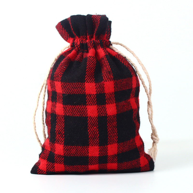 Check fabric Christmas gift bags with a natural drawstring - red and black tartan