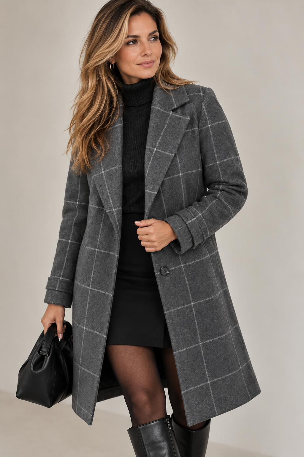 Women's check coat with a notch lapel and flap pockets - grey