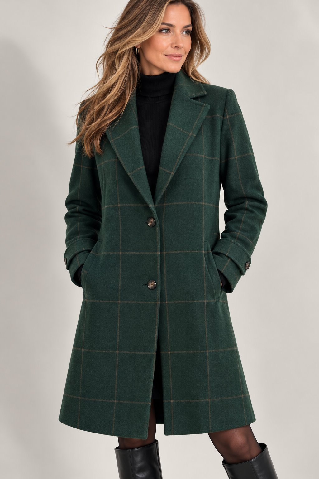 Women's check coat with a notch lapel and flap pockets - dark green