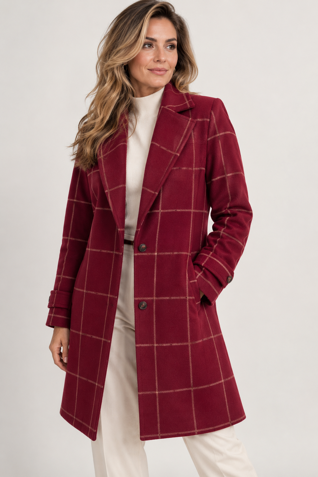Women's check coat with a notch lapel and flap pockets - burgundy