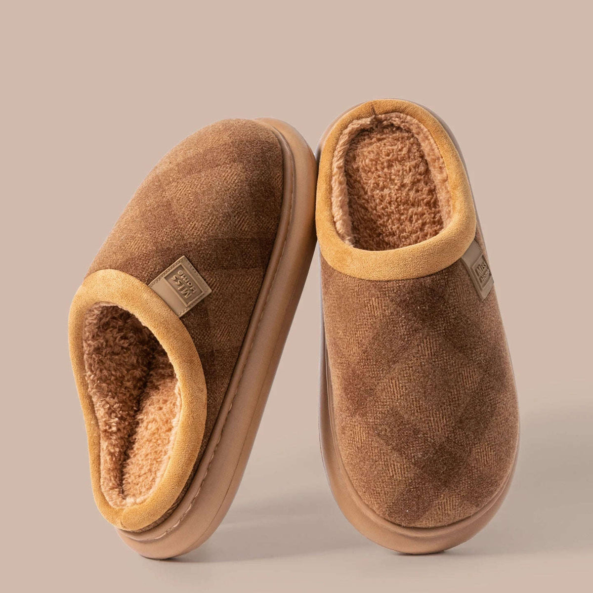 Mule slippers with a checked fabric upper, teddy lining, suede look cuff and open heel - brown