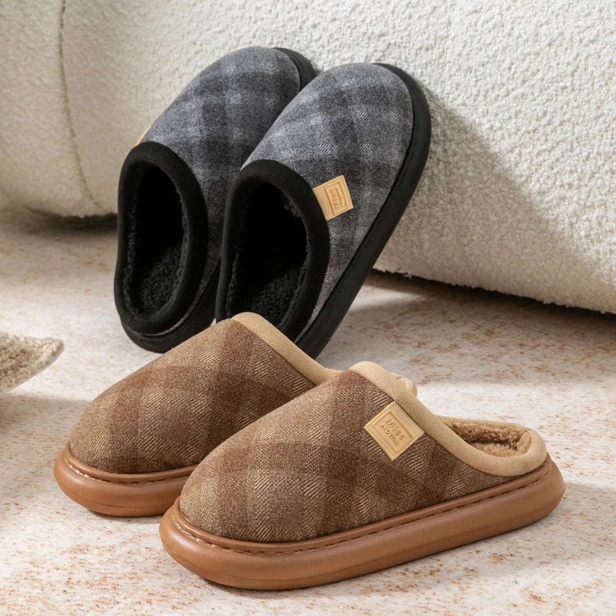 Mule slippers with a checked fabric upper, teddy lining, suede look cuff and open heel - view 2