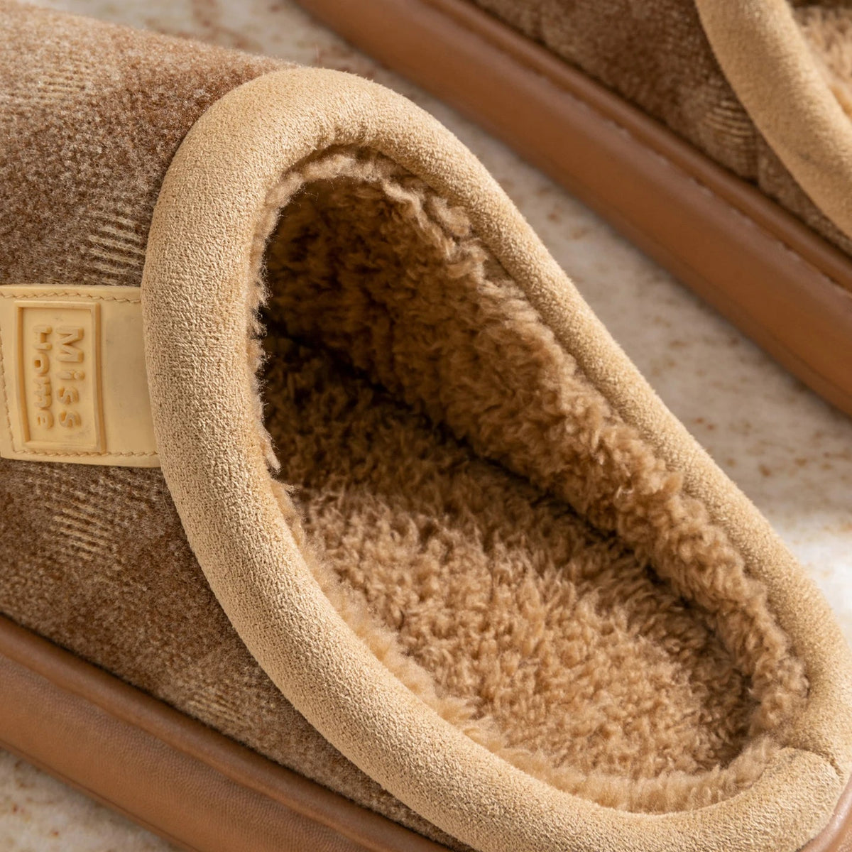 Mule slippers with a checked fabric upper, teddy lining, suede look cuff and open heel - view 3