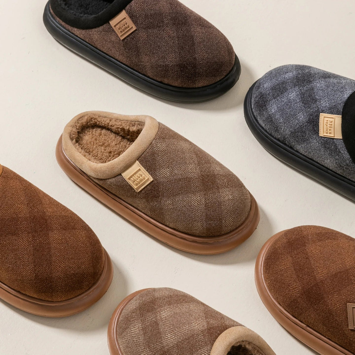 Mule slippers with a checked fabric upper, teddy lining, suede look cuff and open heel - view 4