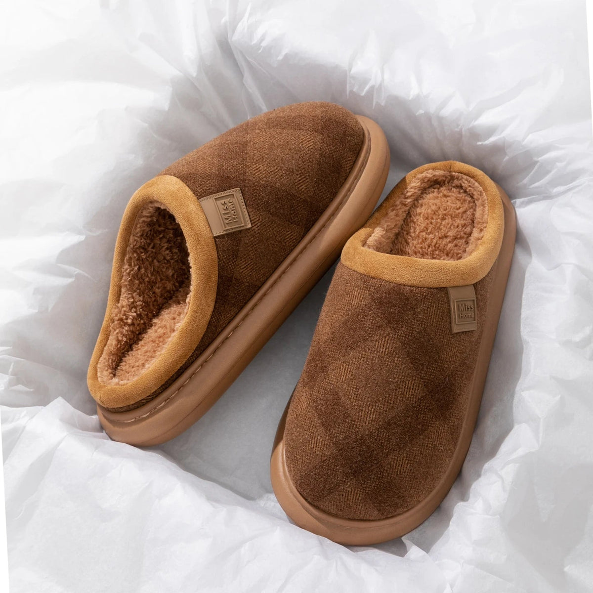 Mule slippers with a checked fabric upper, teddy lining, suede look cuff and open heel - view 5