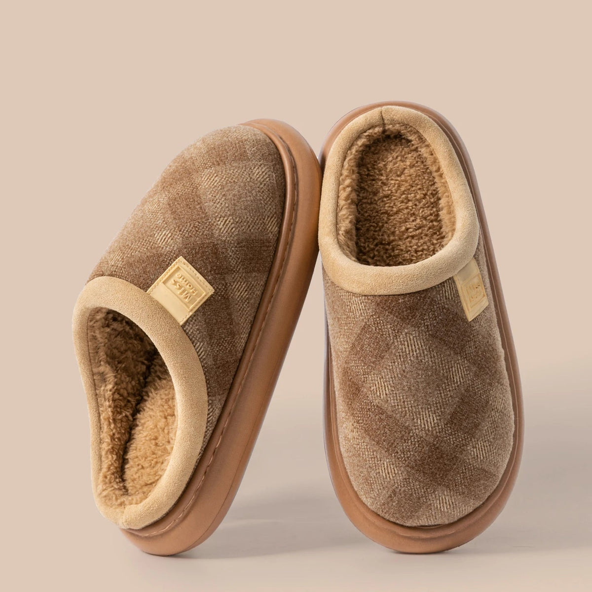 Mule slippers with a checked fabric upper, teddy lining, suede look cuff and open heel - camel
