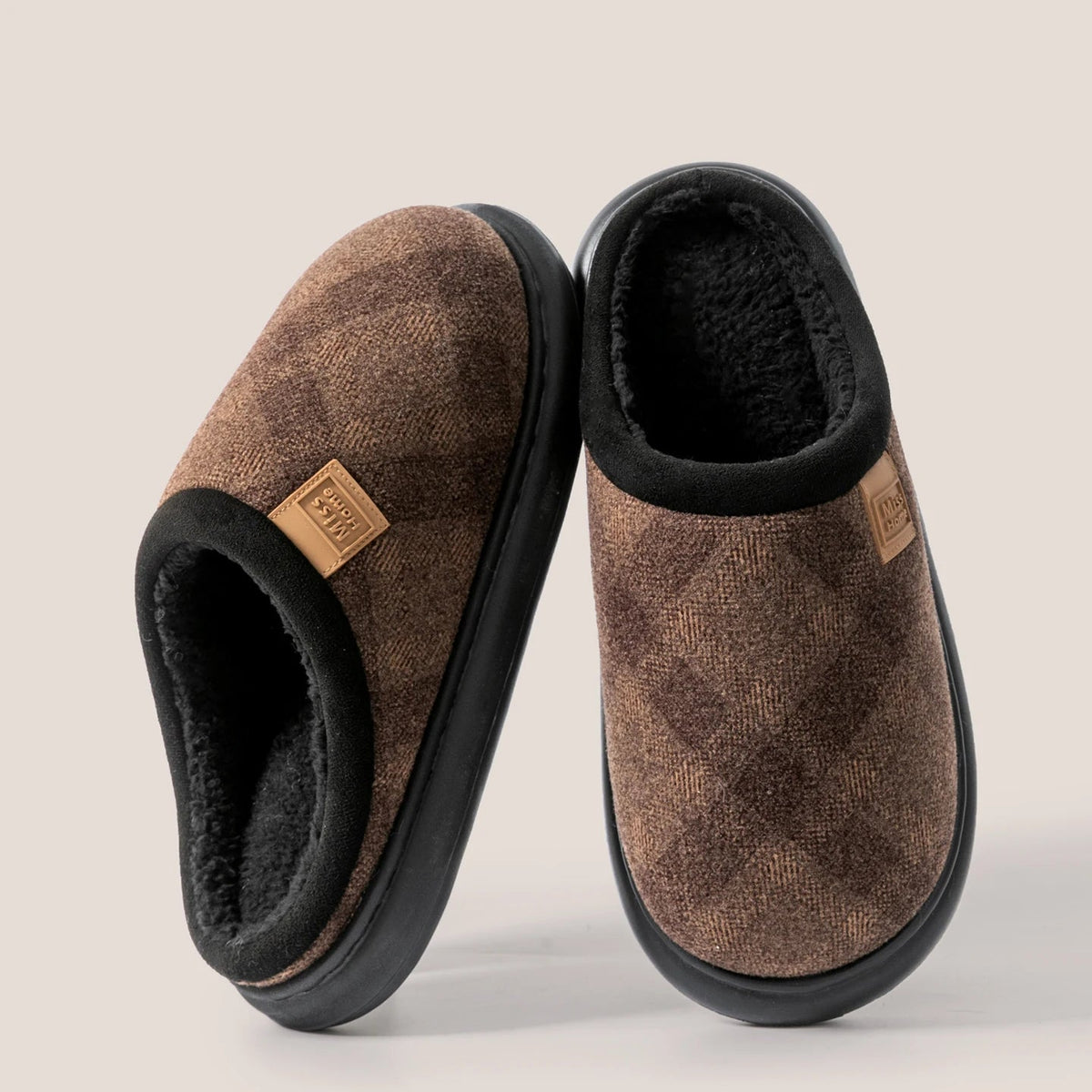 Mule slippers with a checked fabric upper, teddy lining, suede look cuff and open heel - dark brown