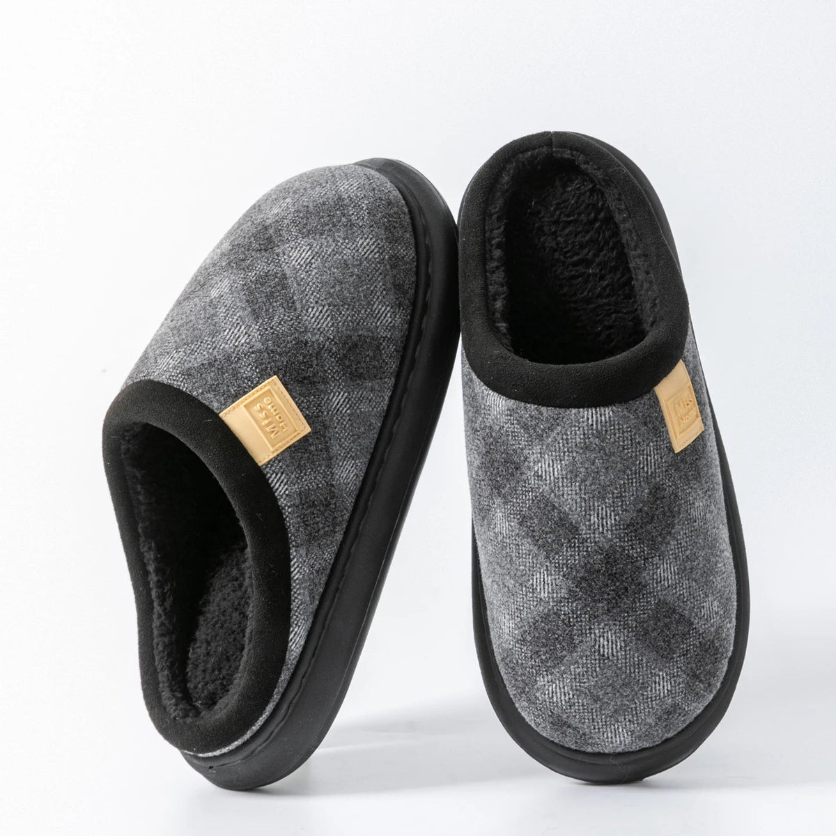 Mule slippers with a checked fabric upper, teddy lining, suede look cuff and open heel - grey