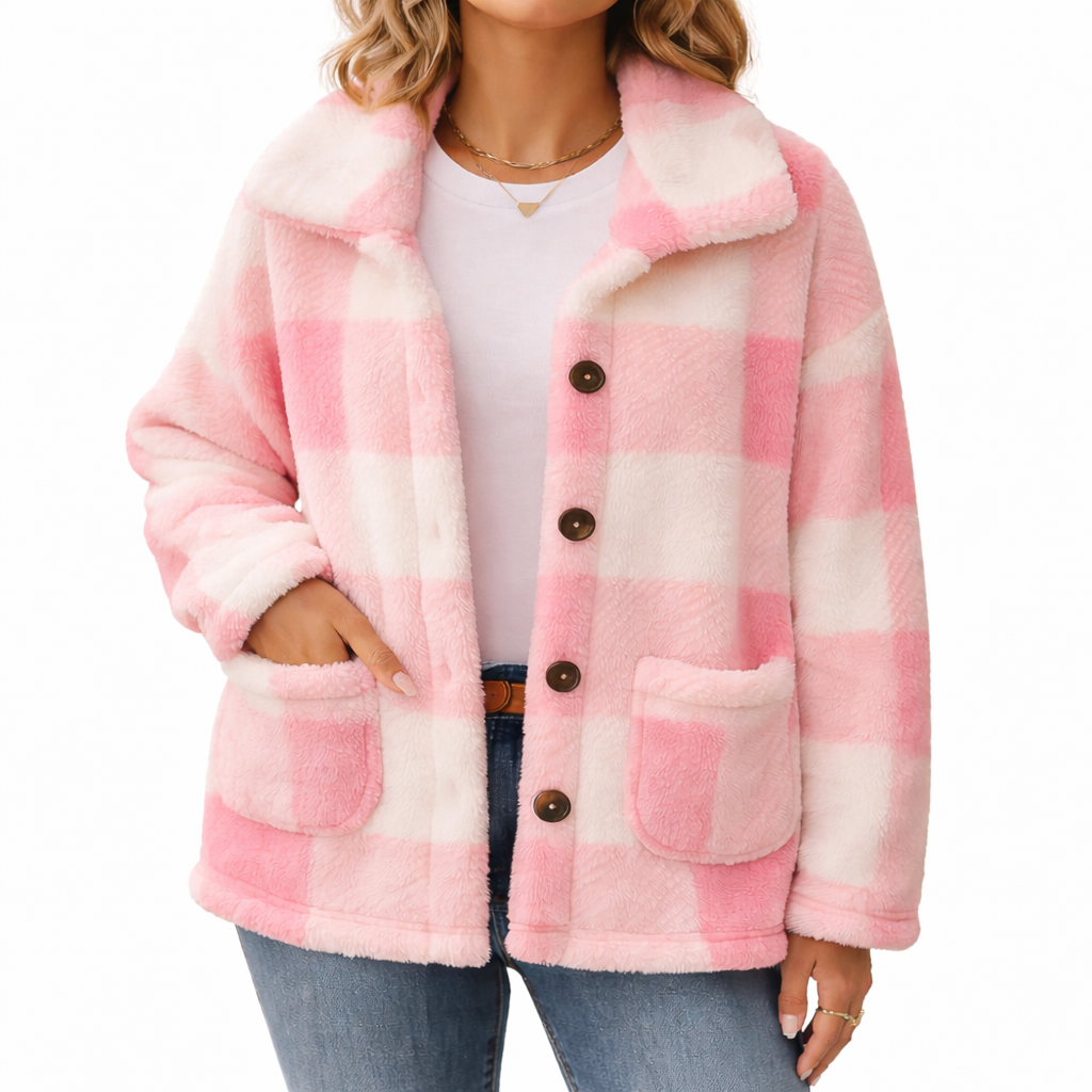 Women's checked teddy jacket with a shirt collar and patch pockets