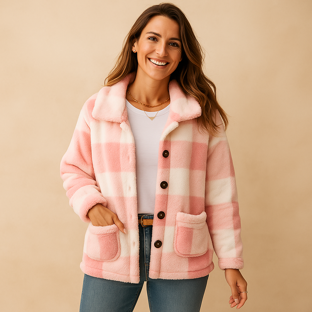 Women's checked teddy jacket with a shirt collar and patch pockets