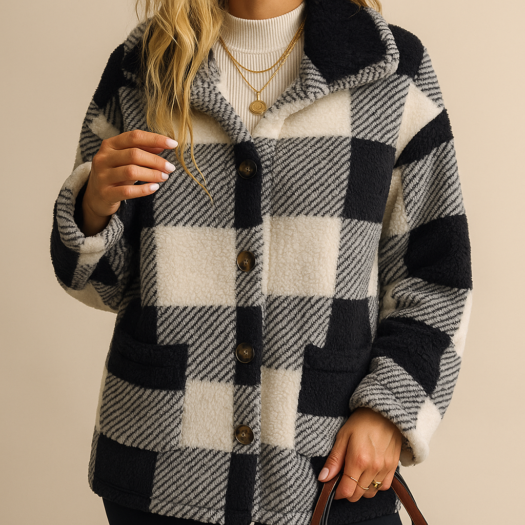 Women's checked teddy jacket with a shirt collar and patch pockets - black check