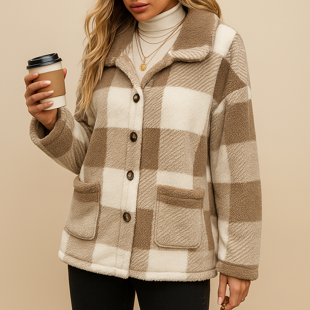 Women's checked teddy jacket with a shirt collar and patch pockets - brown check