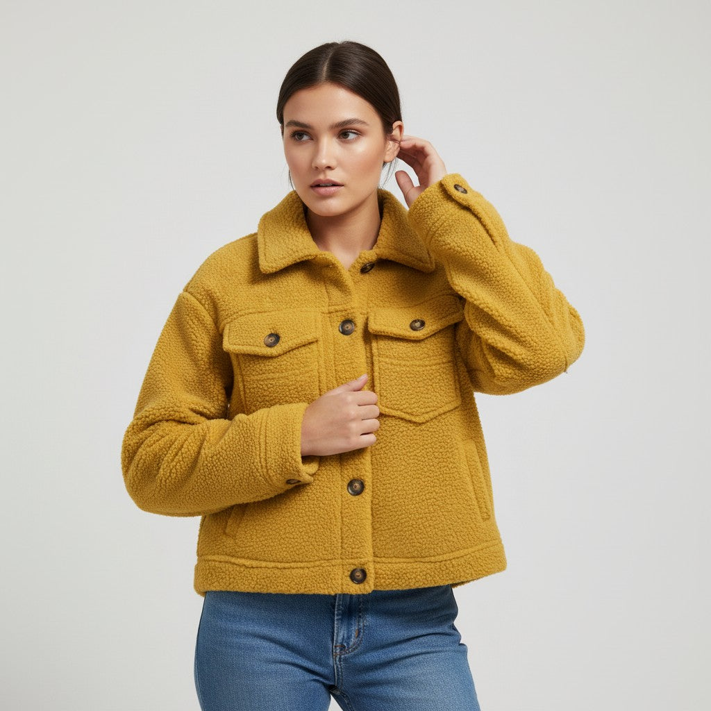 Teddy shacket with a shirt collar, button front and flap pockets in yellow