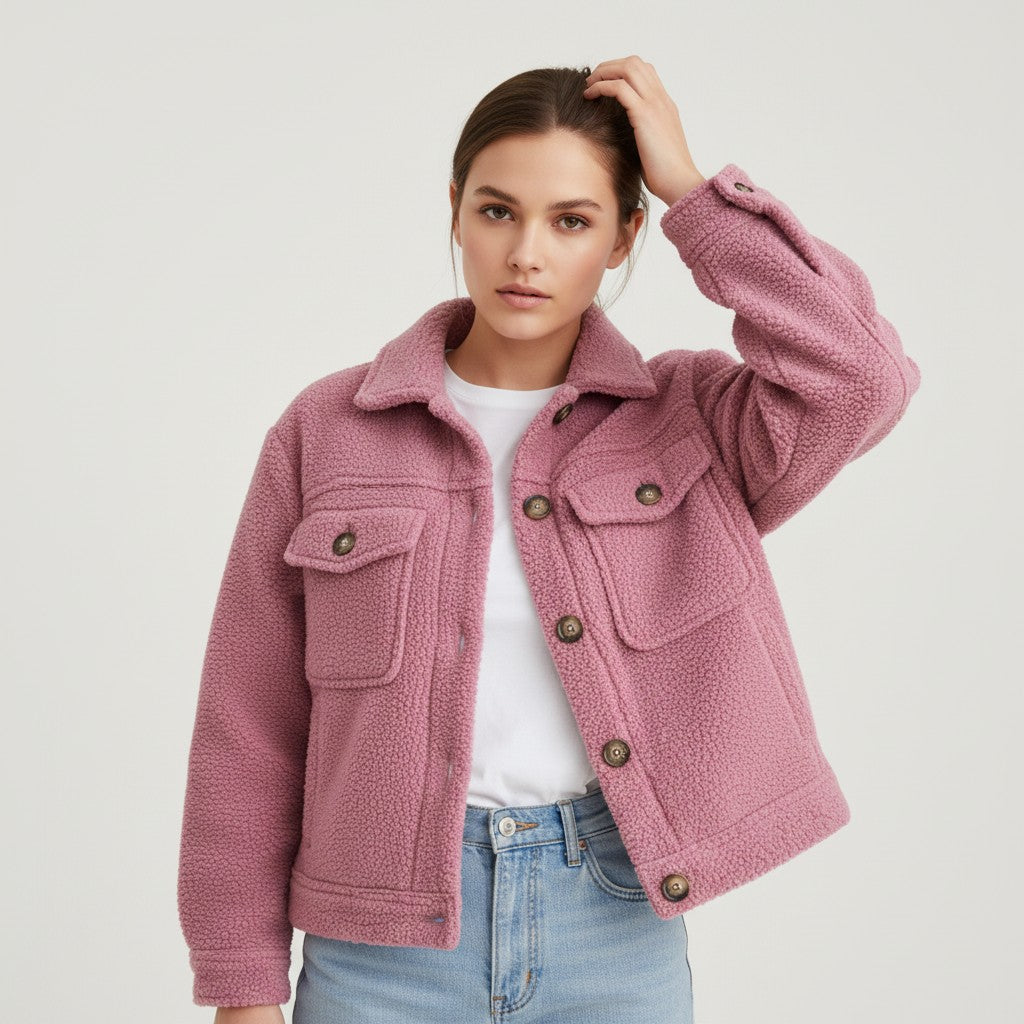 Teddy shacket with a shirt collar, button front and flap pockets