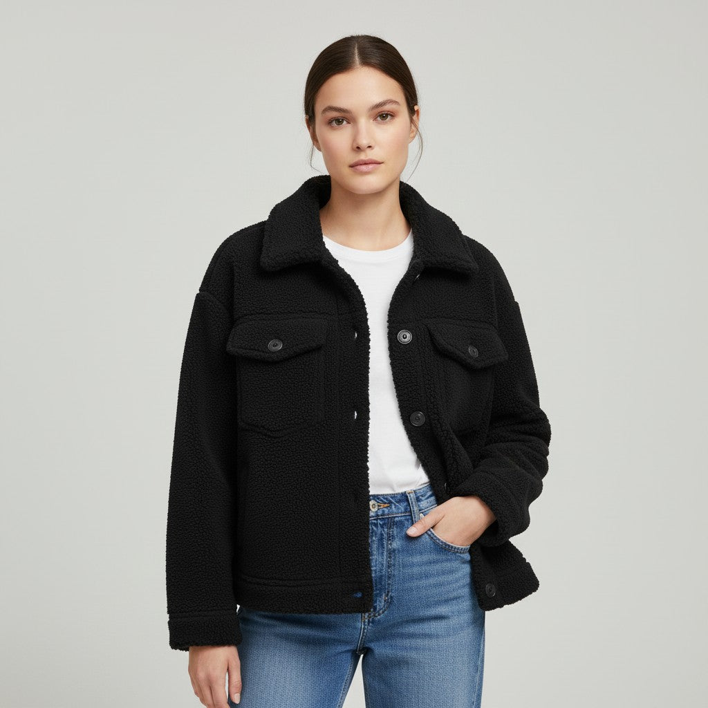Teddy shacket with a shirt collar, button front and flap pockets