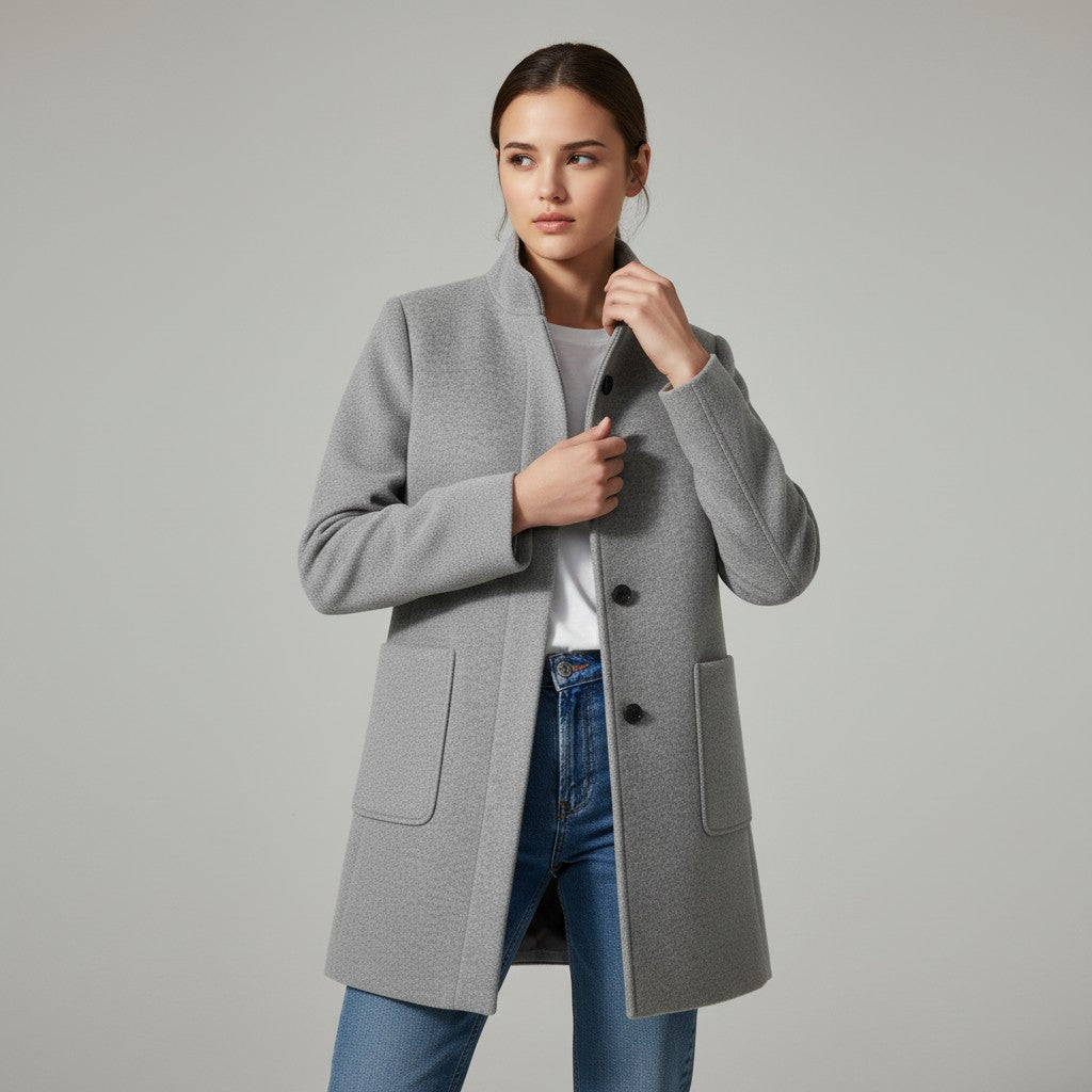 Knee-length single-breasted coat with a stand collar and patch pockets in grey