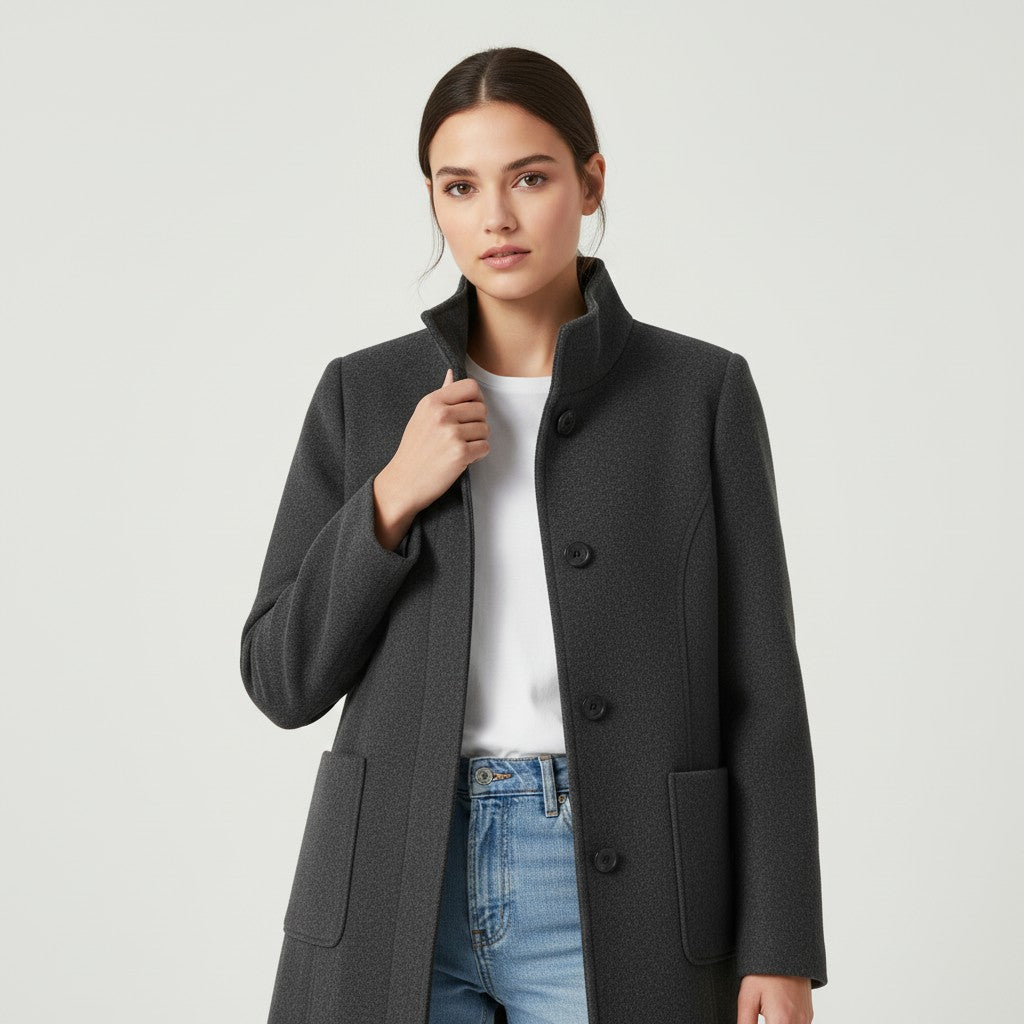 Knee-length single-breasted coat with a stand collar and patch pockets
