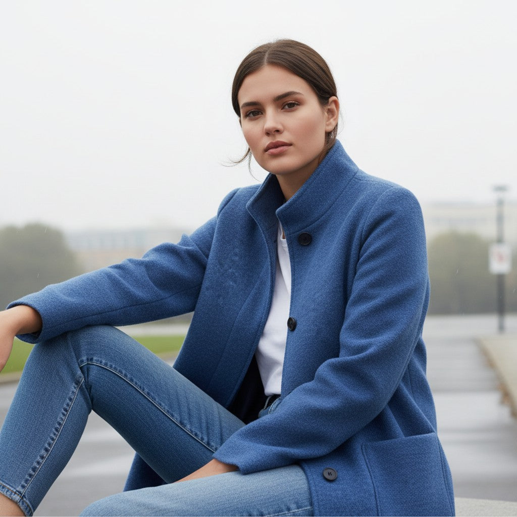 Knee-length single-breasted coat with a stand collar and patch pockets