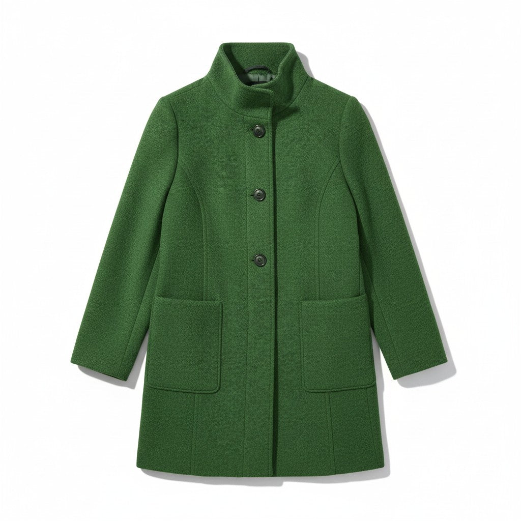 Knee-length single-breasted coat with a stand collar and patch pockets
