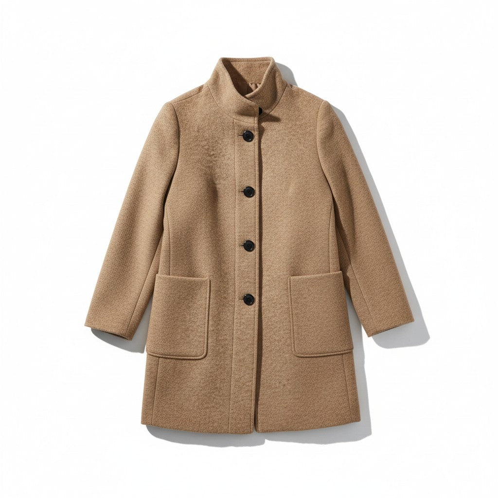 Knee-length single-breasted coat with a stand collar and patch pockets