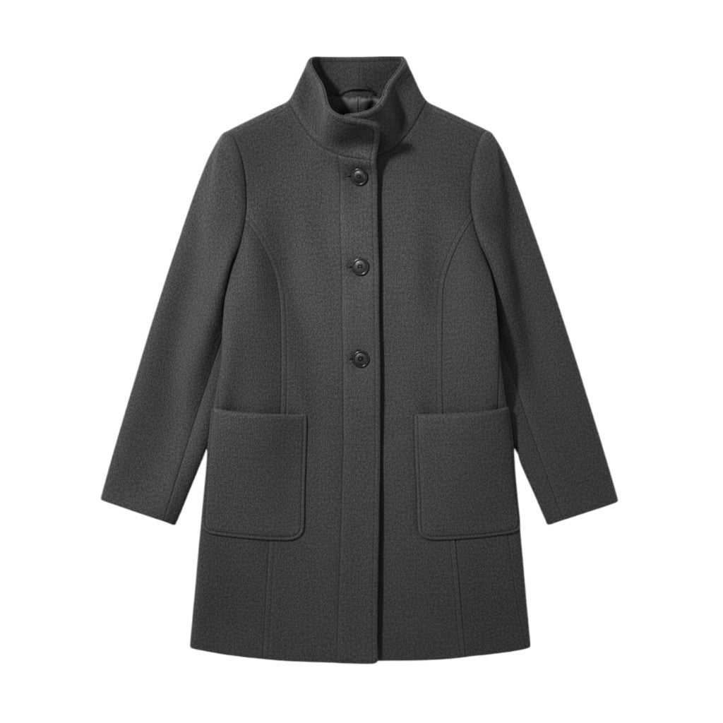Knee-length single-breasted coat with a stand collar and patch pockets