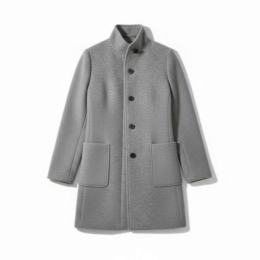 Knee-length single-breasted coat with a stand collar and patch pockets