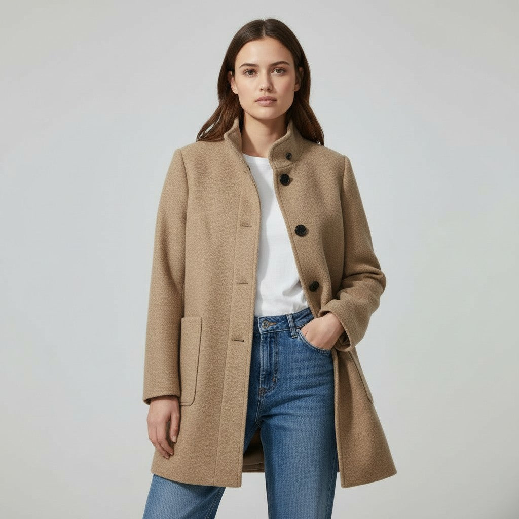 Knee-length single-breasted coat with a stand collar and patch pockets