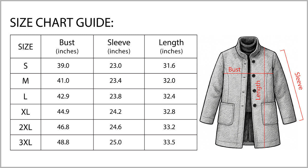 Knee-length single-breasted coat with a stand collar and patch pockets