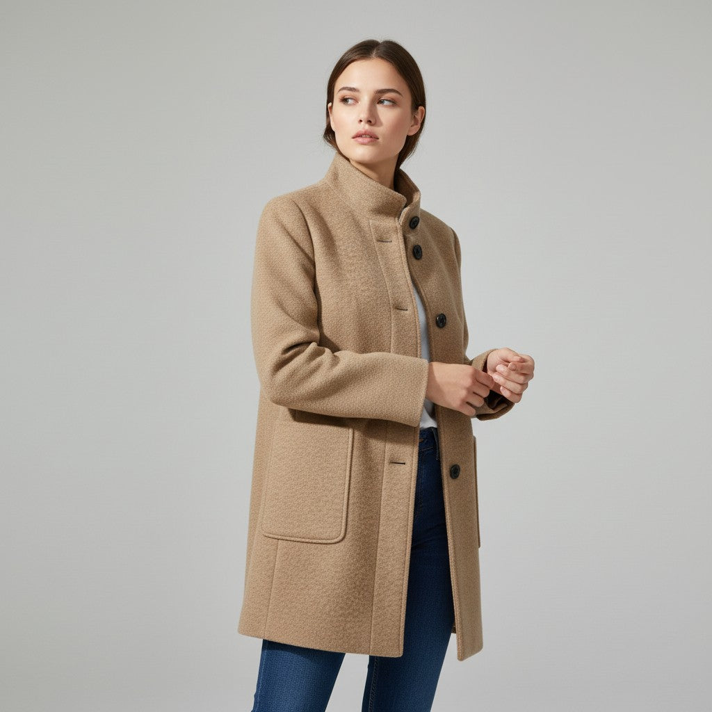 Knee-length single-breasted coat with a stand collar and patch pockets in camel
