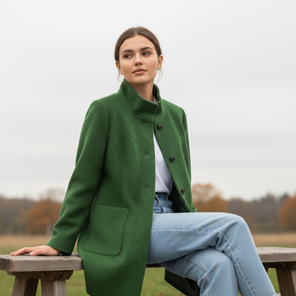 Knee-length single-breasted coat with a stand collar and patch pockets