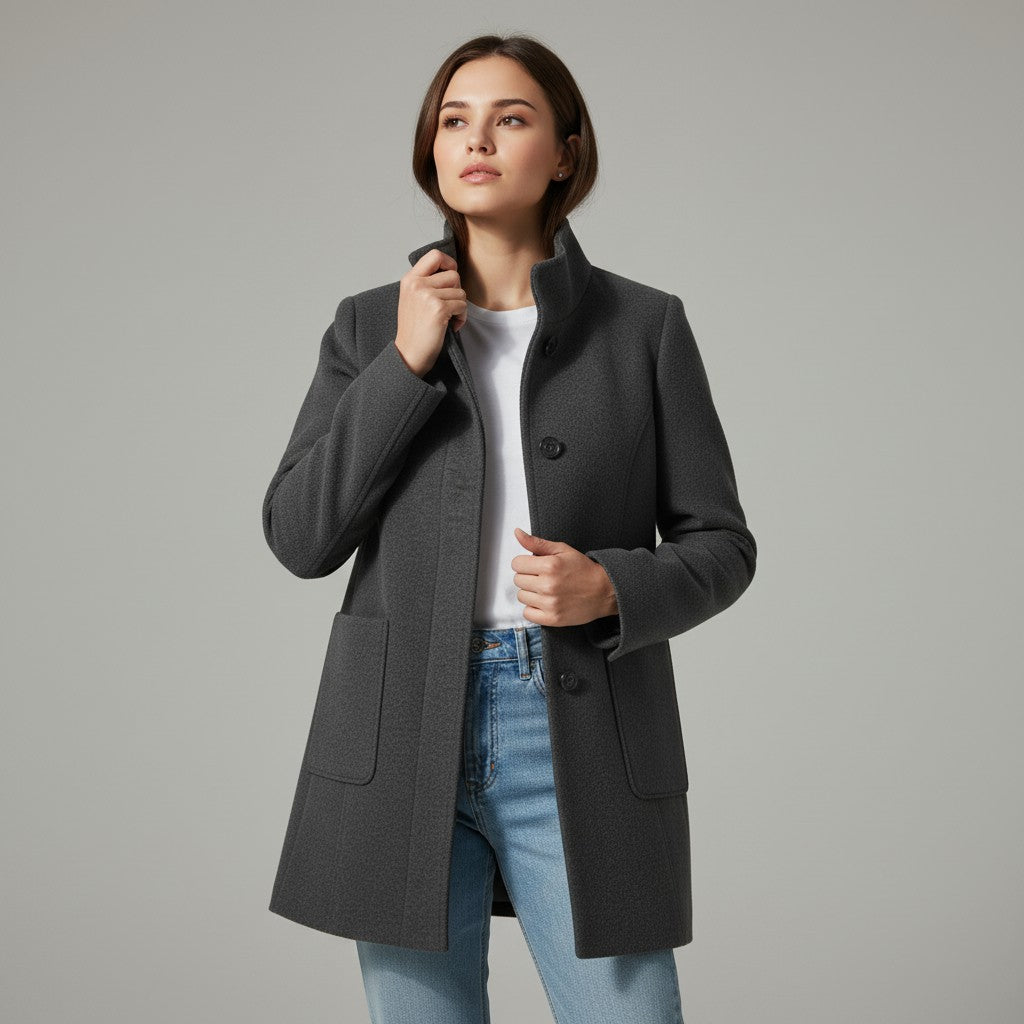 Knee-length single-breasted coat with a stand collar and patch pockets