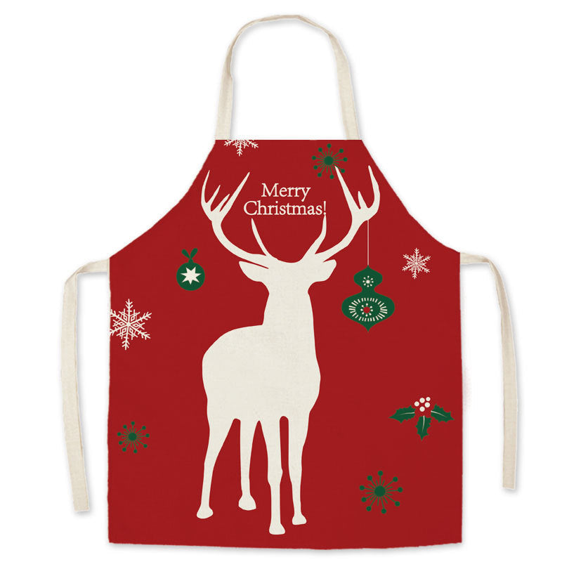 Red Christmas apron with a neck loop, long ties and a festive print on the front - white reindeer