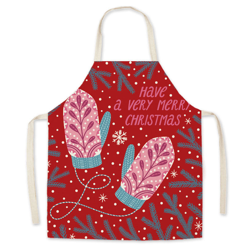 Red Christmas apron with a neck loop, long ties and a festive print on the front - mittens