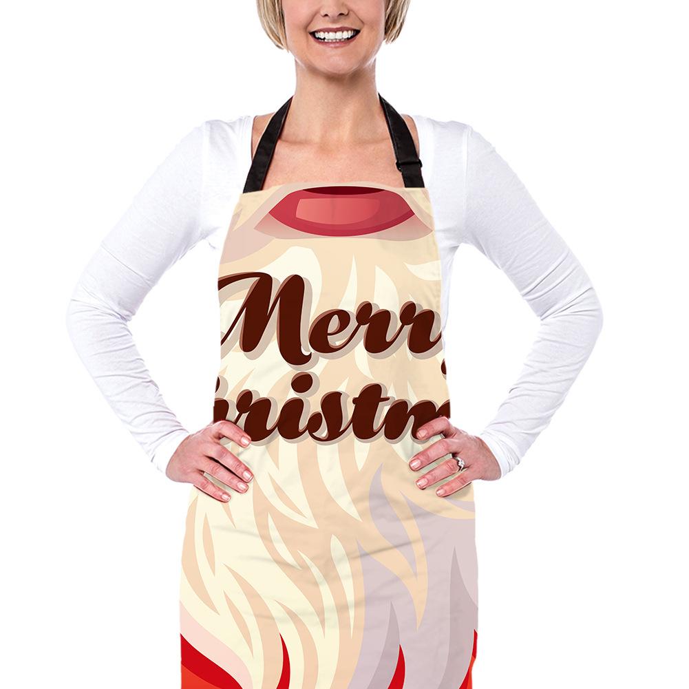 Christmas apron with a black neck strap and a festive print across the front - santa beard with merry christmas