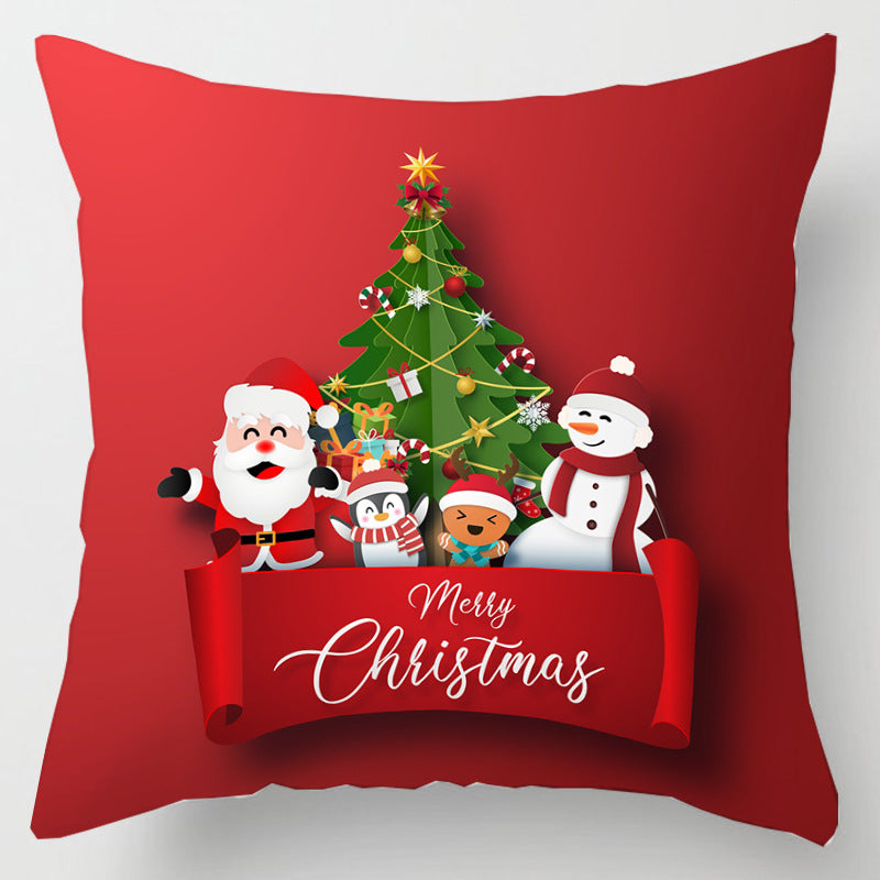 Christmas cushion cover, 45 x 45 cm, with a festive print - father christmas and snowman by the tree