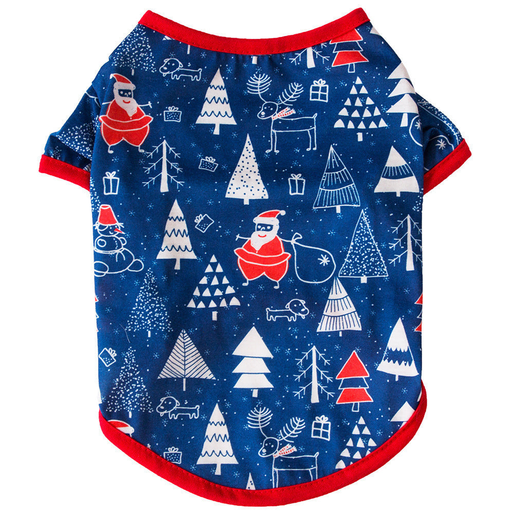 Christmas T-shirt for dogs with short sleeves and an all-over festive print - blue christmas trees