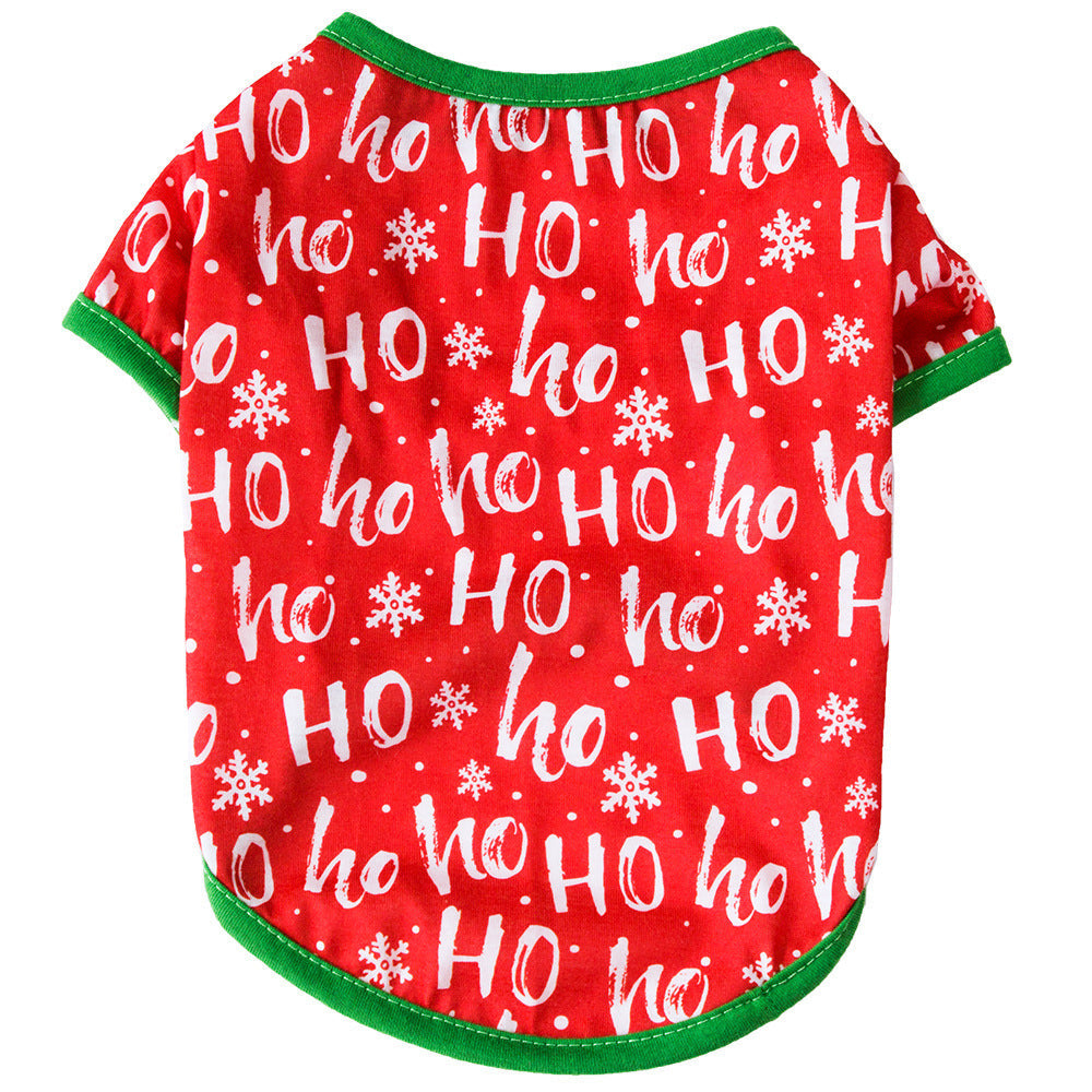 Christmas T-shirt for dogs with short sleeves and an all-over festive print - red ho ho lettering